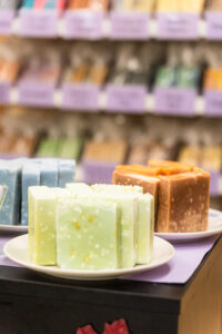 Handmade goat's milk and olive oil soap bars on display