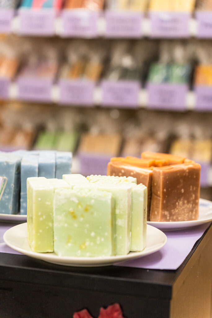 Handmade goat's milk and olive oil soap bars on display