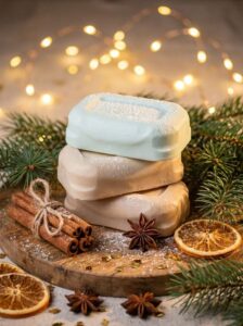 Holiday goat's milk soap bars with cinnamon, star anise and pine