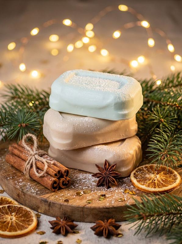 Holiday goat's milk soap bars with cinnamon, star anise and pine