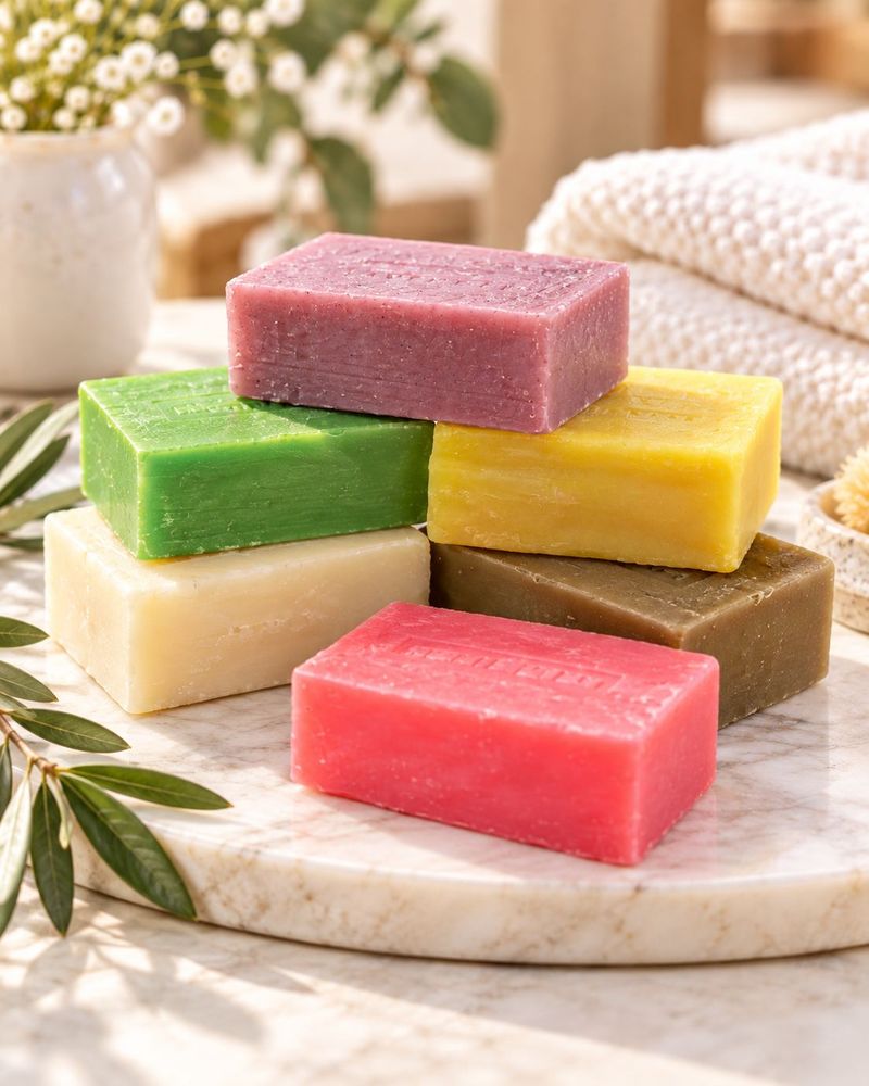 Handmade olive oil and goat's milk soap bars with olive branches