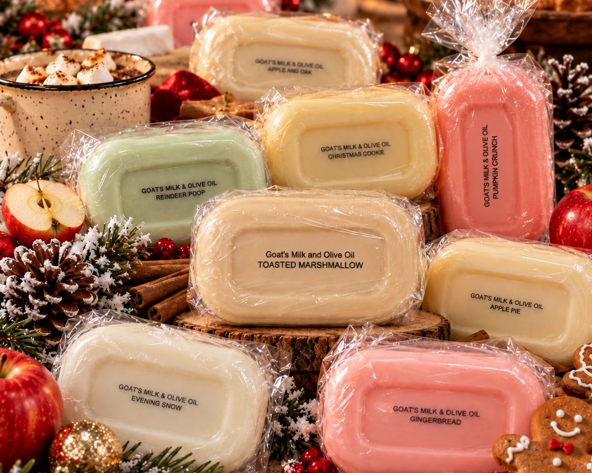Lori's holiday goat's milk soap bars — Christmas Cookie, Gingerbread, Apple Pie, Toasted Marshmallow, Evening Snow, Pumpkin Crunch and Reindeer Poop